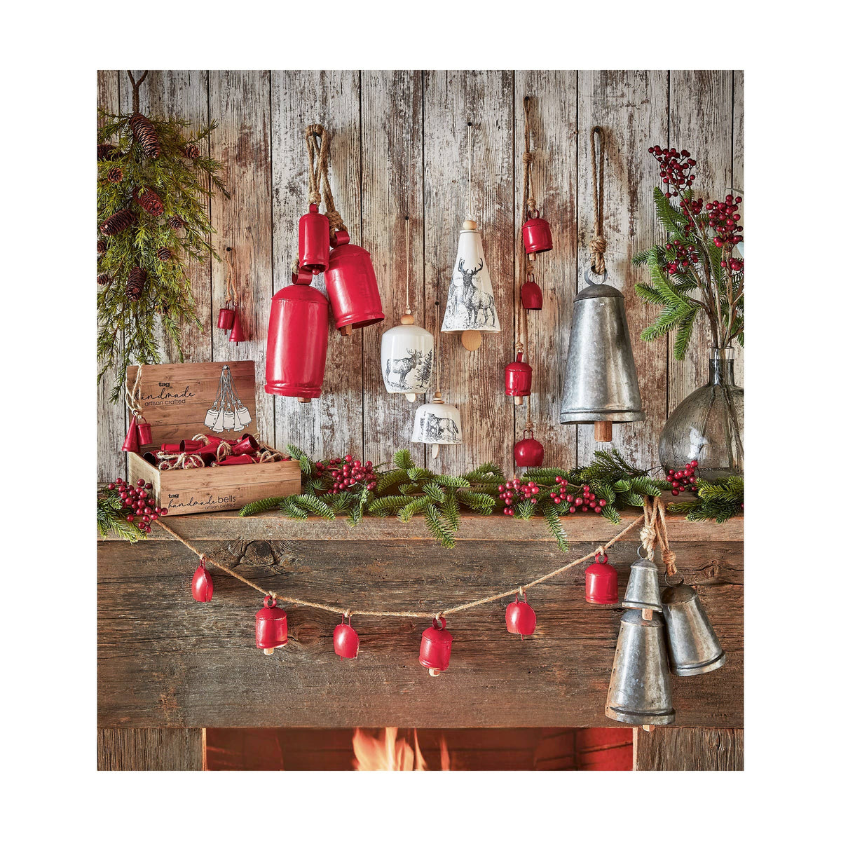 Antique Hanging Bells Set/3 Red Wrought Iron Christmas