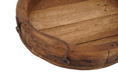 Round Farmhouse-Reclaimed Wood Tray With Handles-12 in-Waxed