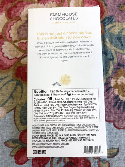85% Organic Dark Chocolate w/ Cardamom & Lemon