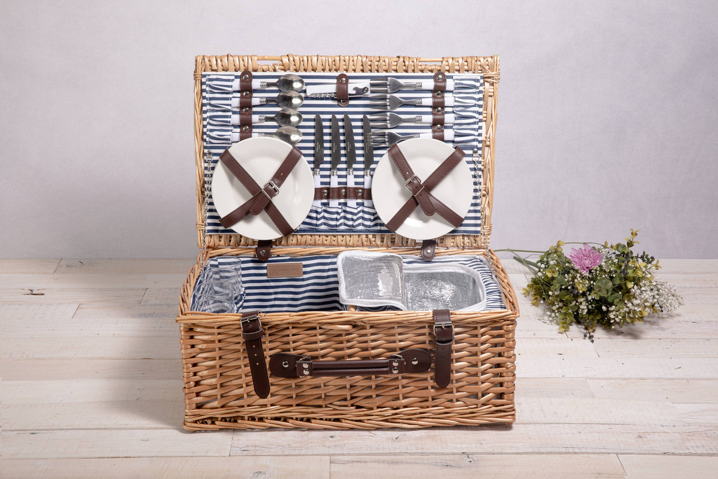 Belmont Picnic Basket, (Navy Blue & White Stripe)