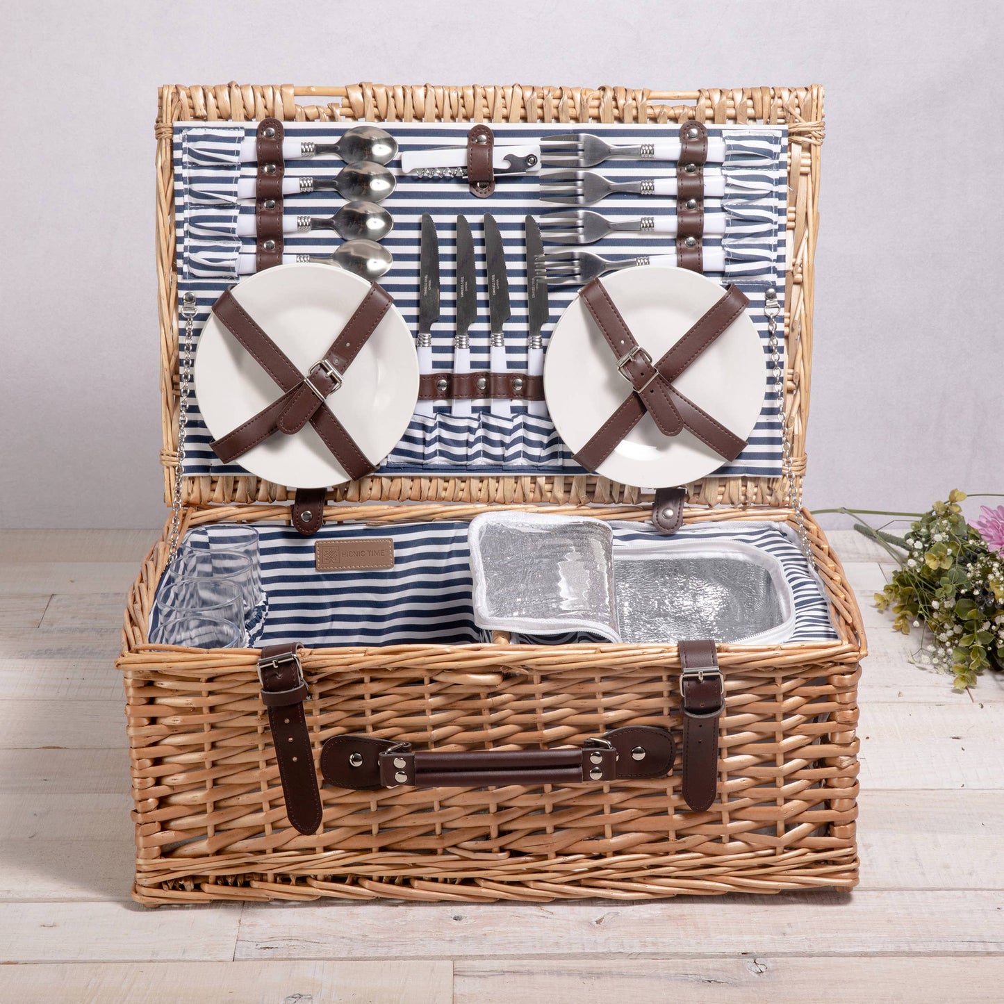 Belmont Picnic Basket, (Navy Blue & White Stripe)