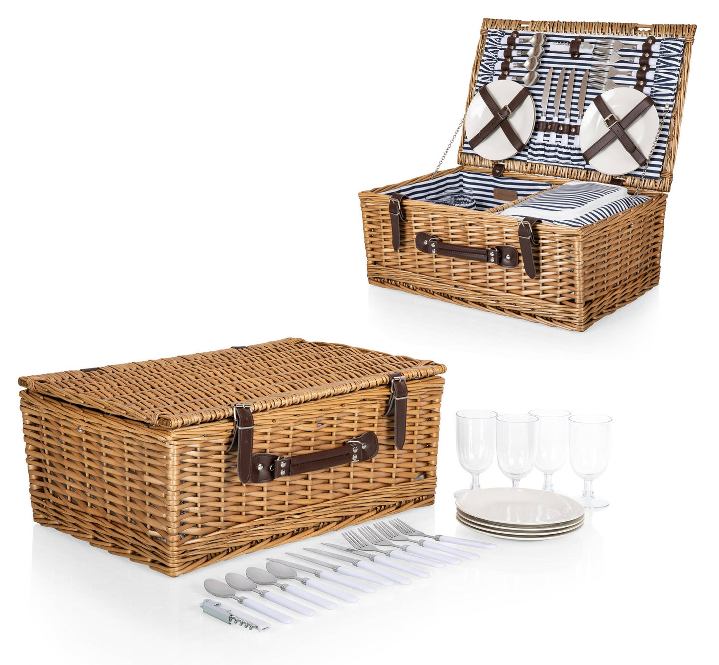 Belmont Picnic Basket, (Navy Blue & White Stripe)