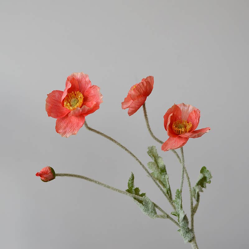 22'' Single Flocked Floral Poppy Spay, Colorful Silk Poppies