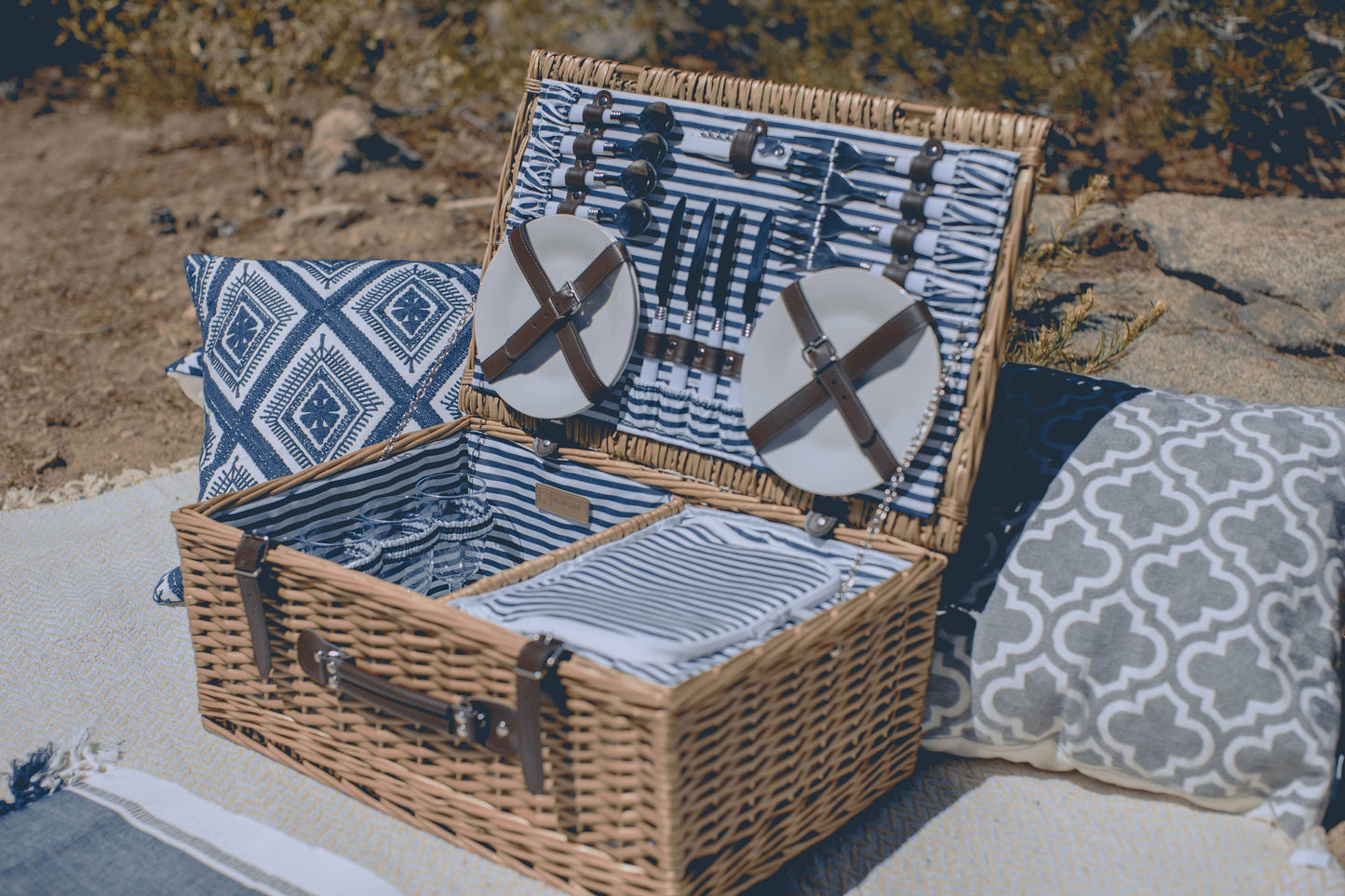 Belmont Picnic Basket, (Navy Blue & White Stripe)