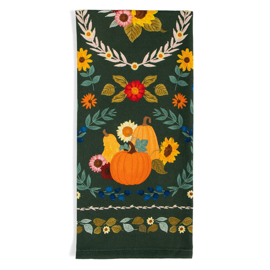 Pumpkin Folk Floral Fall Tea Towel