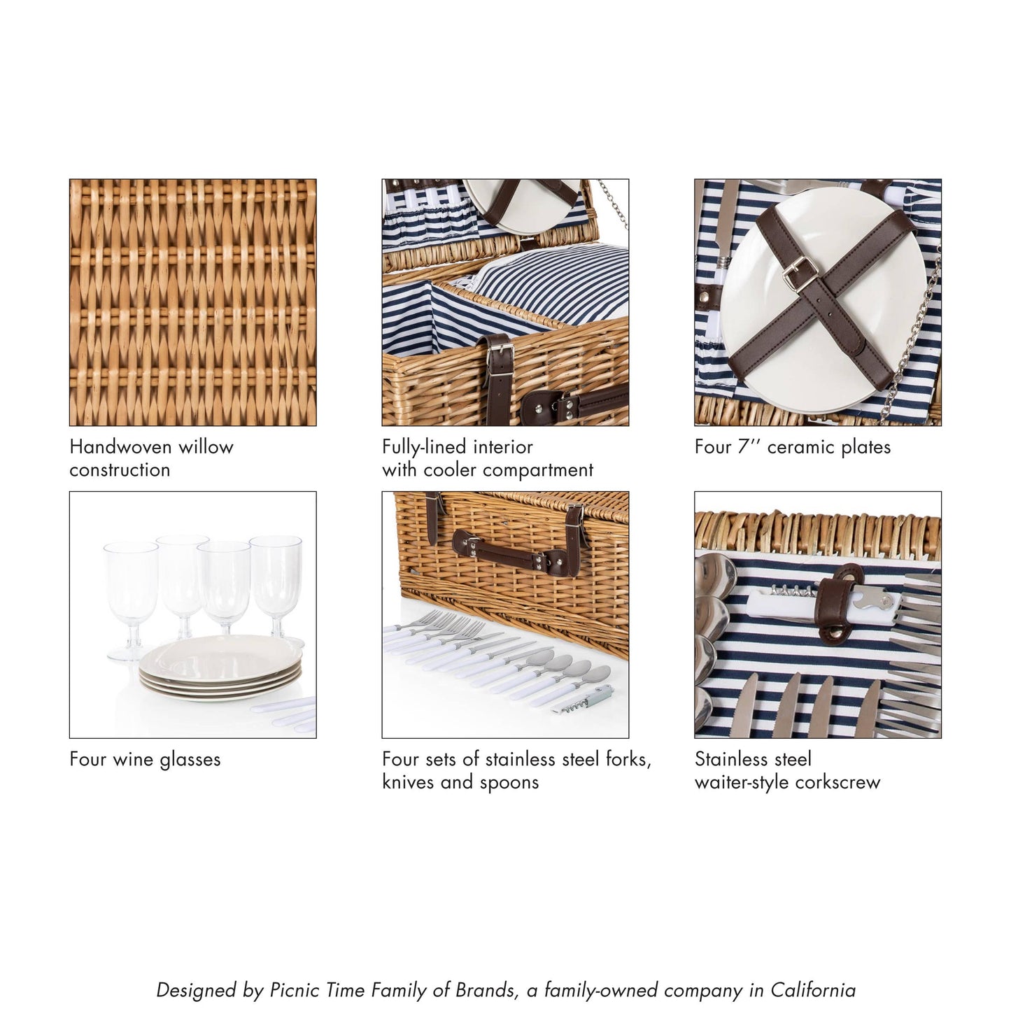 Belmont Picnic Basket, (Navy Blue & White Stripe)