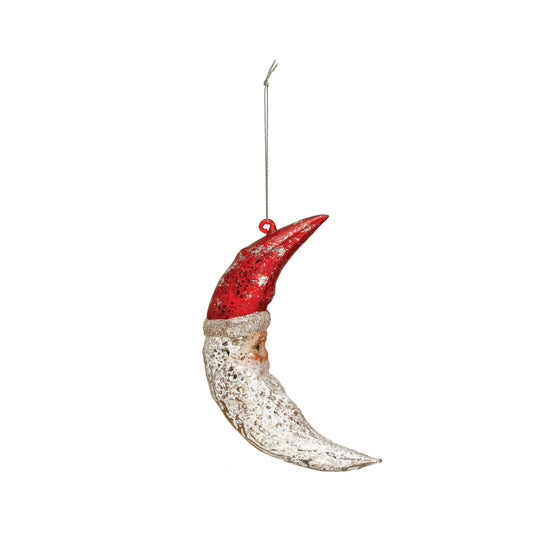 6-1/4"H Hand-Painted Mercury Glass Santa Moon Ornament w/ Glitter, Red & Silver Finish