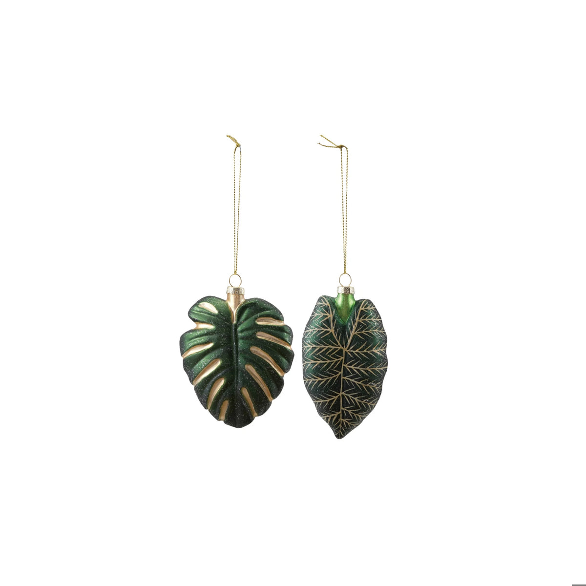 Hand-Painted Mercury Glass Tropical Leaf Shaped Ornament with Glitter, Green, 2 Styles
