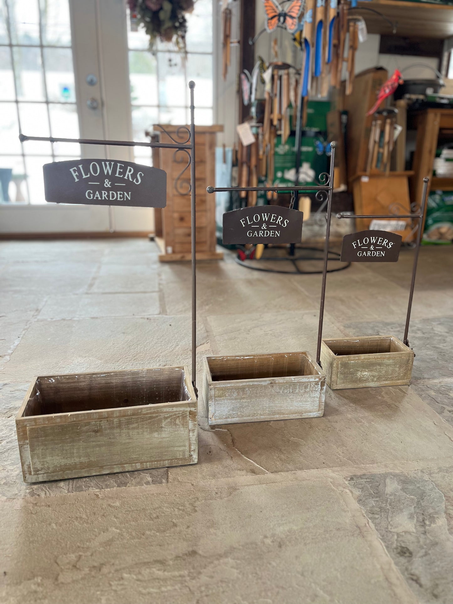 Wood Planter w/ Flowers & Garden Sign